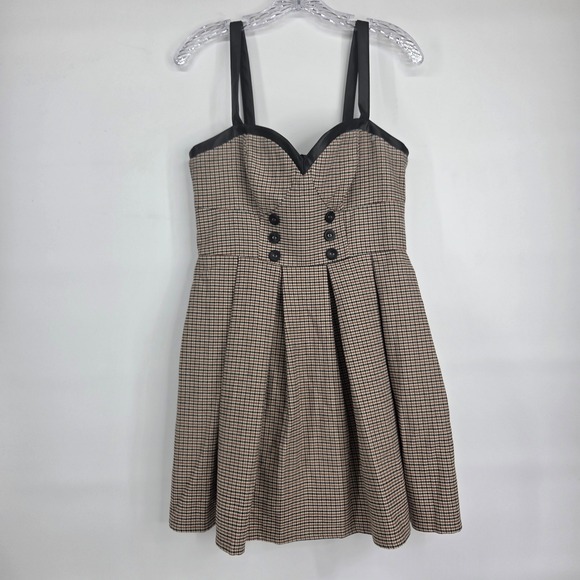 VENUS Dresses & Skirts - Venus Houndstooth Mini Dress S Brown Faux Leather Trim Dark Academia Preppy Edgy